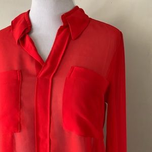 W118 by Walter Baker Red Sheer Button Down Blouse